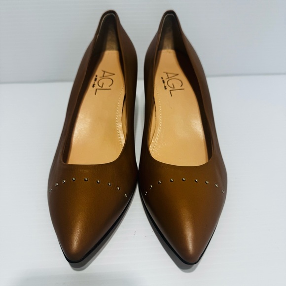 AGL Tan Leather Studded Block Heels Size 39 1/2 - Picture 7 of 15